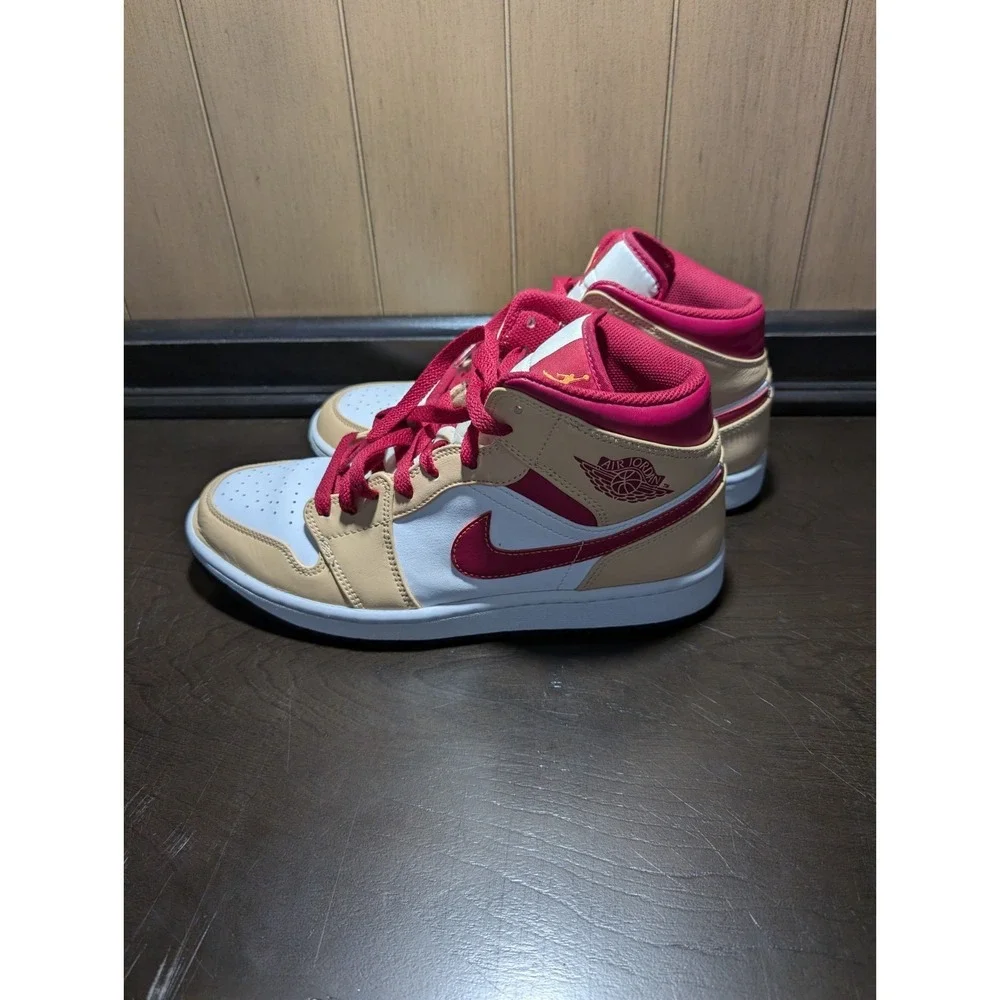 S9 Air Jordan 1 Mid Light Curry Cardinal Red Men's Size 10 Sneakers 554724-201